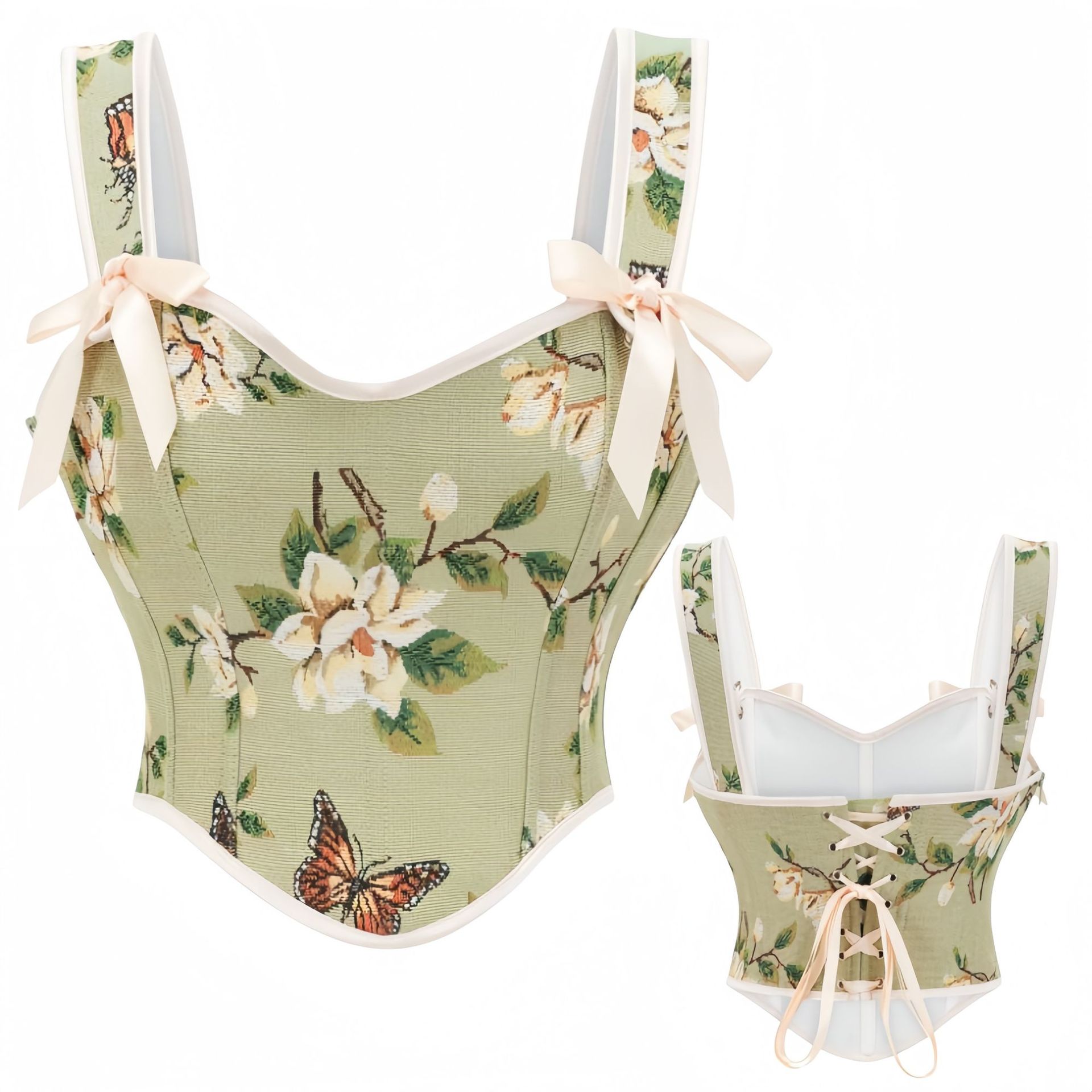 Women Vintage Butterfly Floral corset Crop Top Strap Boned bustier